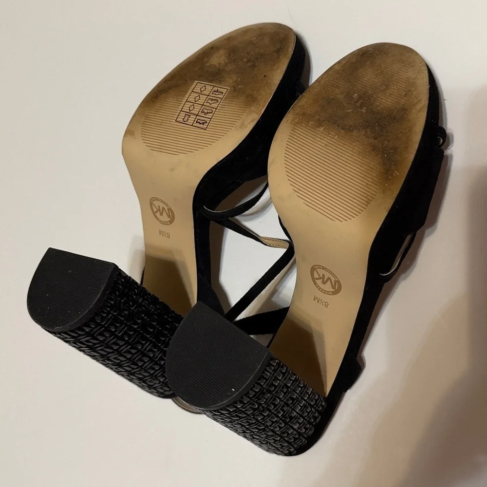 Michael Michael Kors embelished block heel Sandals, black suede leather, sz 8.5